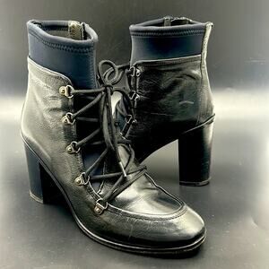 NAPOLEONI GRANNIE BLACK LEATHER NEOPRENE LACE-UP LOLITA GRANNY SIZE 39 BOOTIE